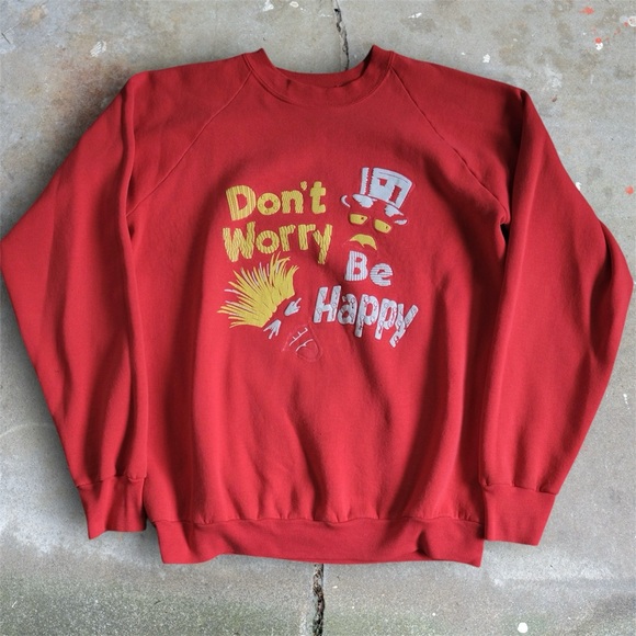 Vintage 80s Don’t Worry Be Happy Puff Print Crew Neck Sweatshirt Size L/XL - Picture 1 of 5